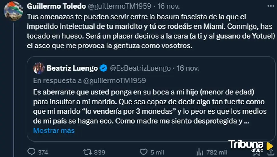 El cruce de reproches en X entre Beatriz Luengo y Willy Toledo acaba con una denuncia en los tribunales