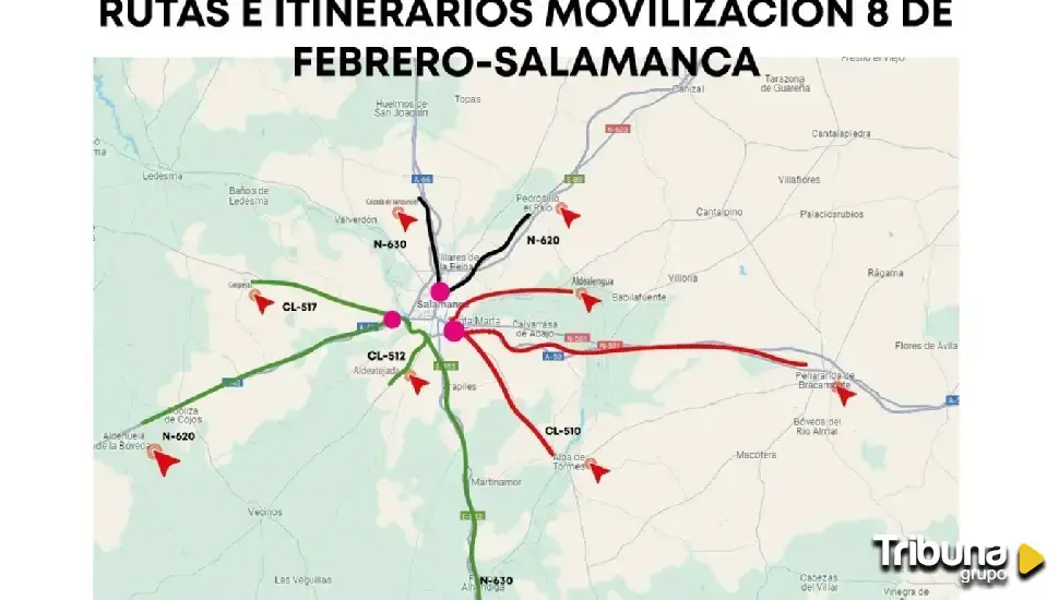 Horarios y rutas hacia Salamanca de tractores, ganaderos y agricultores para la concentración del 8 de febrero