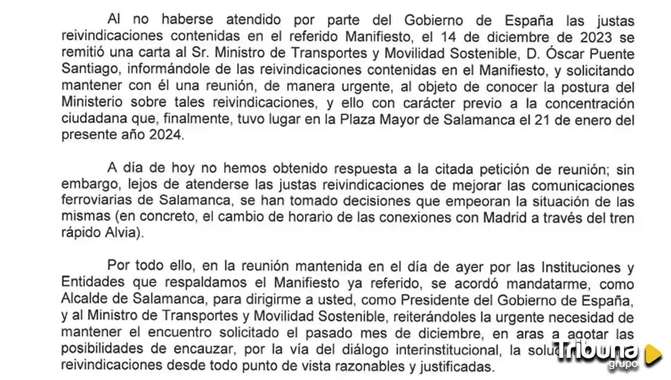 Así son las cartas que cada día Salamanca enviará a Pedro Sánchez y Óscar Puente para exigir sus trenes